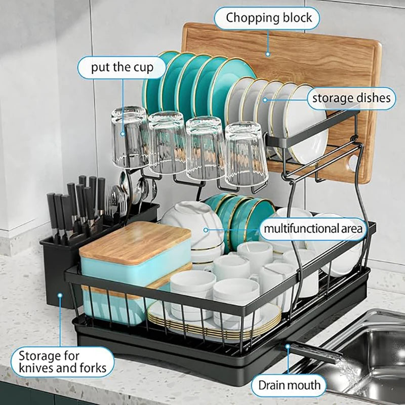 Kitchen Countertop Large Dish Drying Rack Removable High-Capacity Dish Drainer Double-Layer Dish Rack With Cutlery Storage Tray
