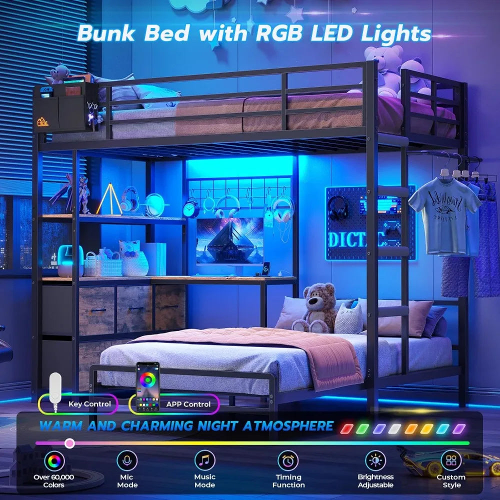 Metal Bunk Bed With L Shaped Desk And LED Lights