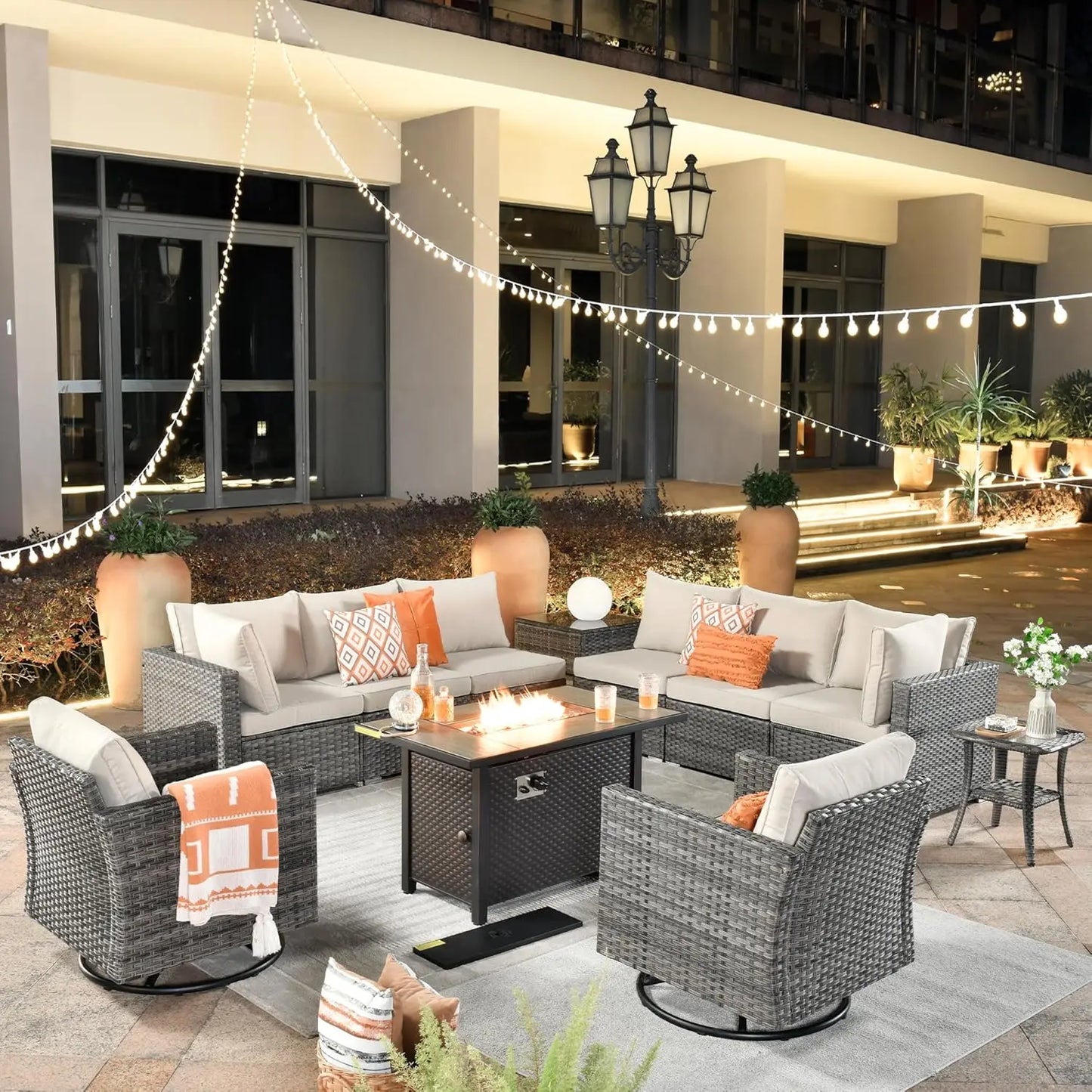 Outdoor Patio Fire Pit Conversation Set With Wicker Swivel Chairs