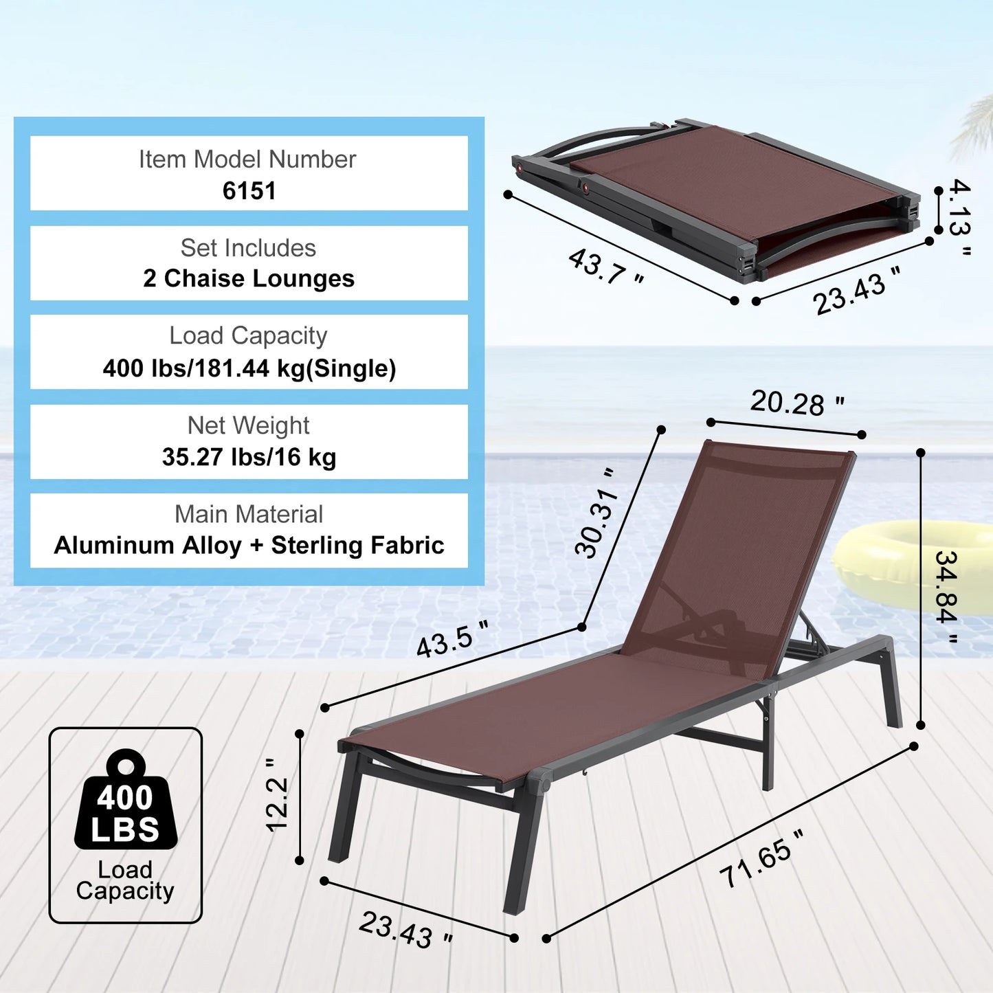 Chaise Lounge Chair Outdoor Aluminum Patio Folding Pool Recliner
