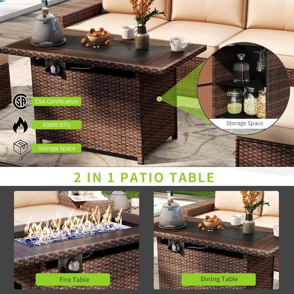 Patio Furniture Set With Fire Pit Table Outdoor Wicker Cushions