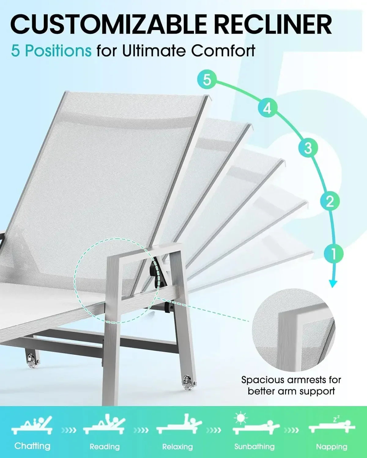 Patio Chaise Lounge Chair With Wheels And Armrests Aluminum Lounger