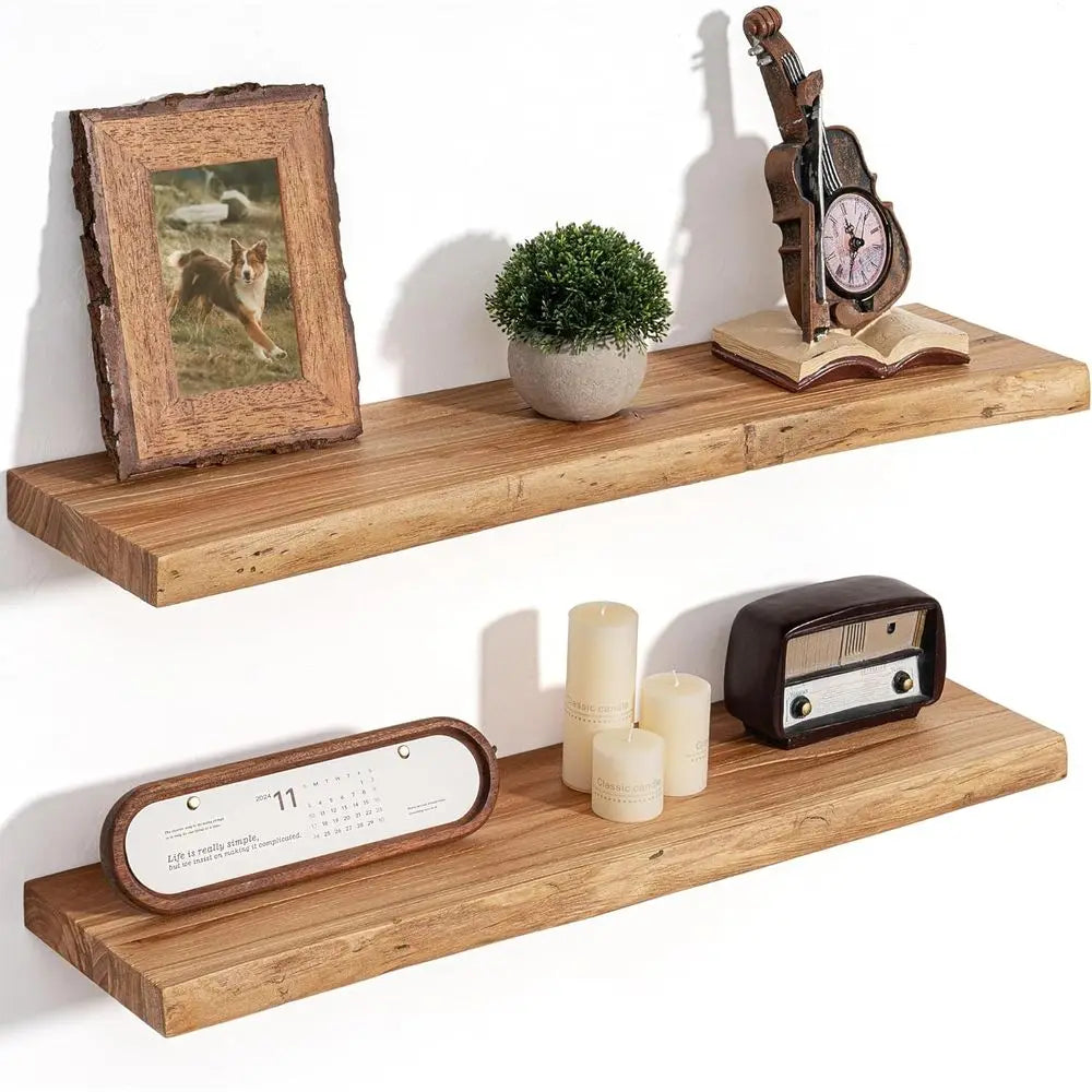 OLOEY Rustic Elm Wood Live Edge Floating Wall Mounted Shelves
