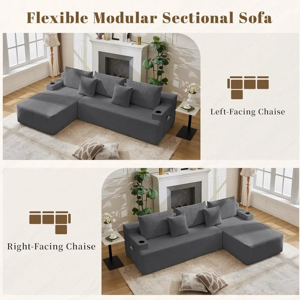 Cloud Sectional Couch Corduroy L-Shape Chaise Modular Sofa
