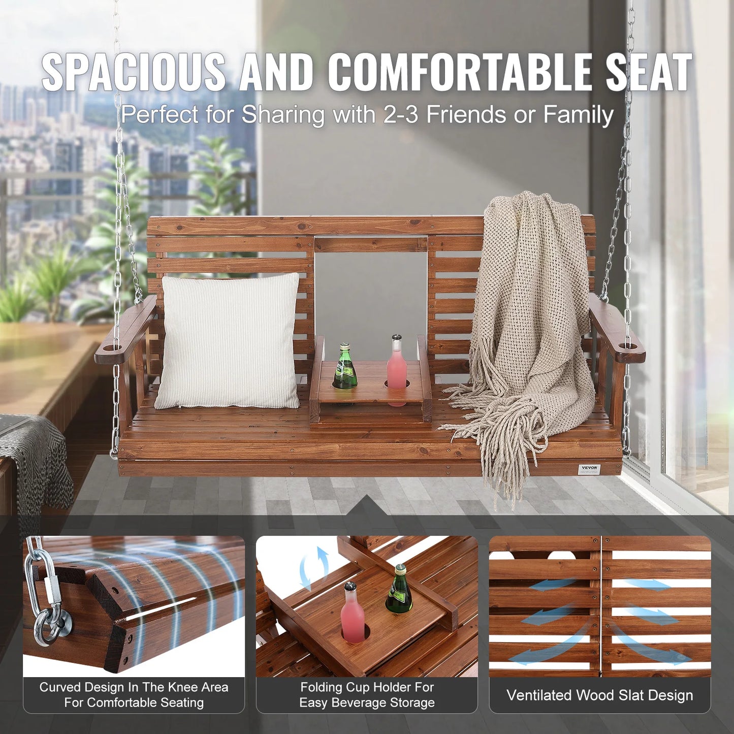SucceBuy Cedar Wood Porch Swing With Steel Chains For Outdoor Patio