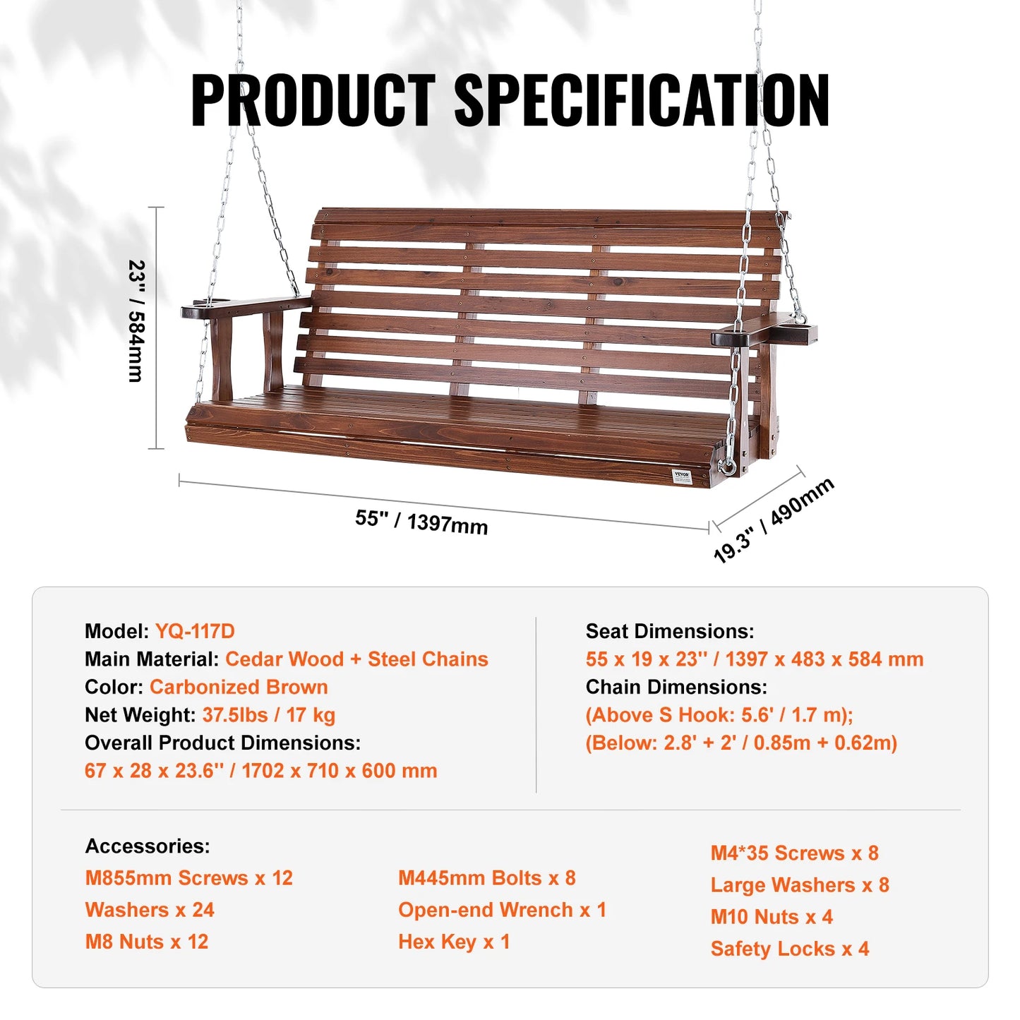 SucceBuy Cedar Wood Porch Swing With Steel Chains For Outdoor Patio