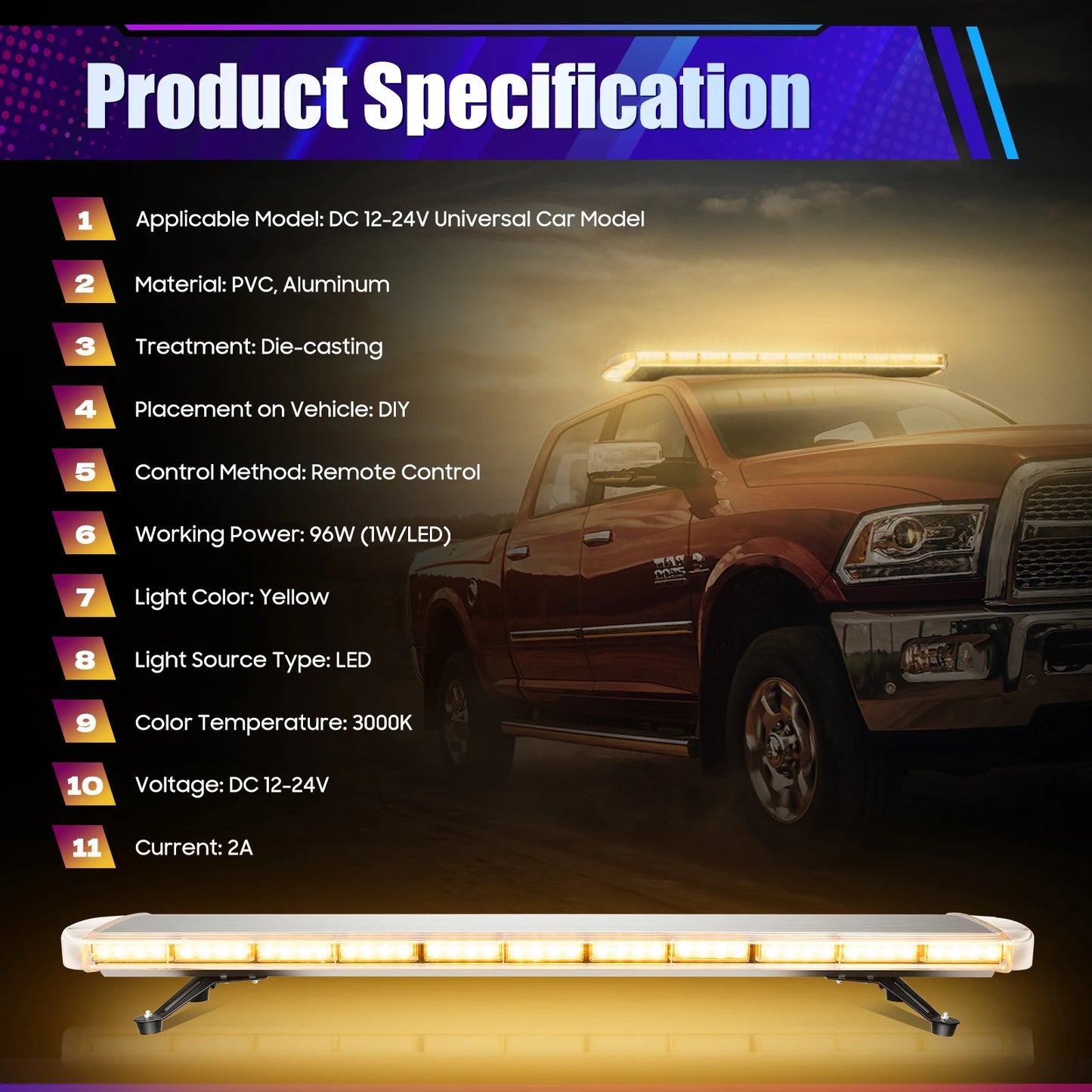 96 LED Strobe Light Bar With Controller 16 Modes IP65