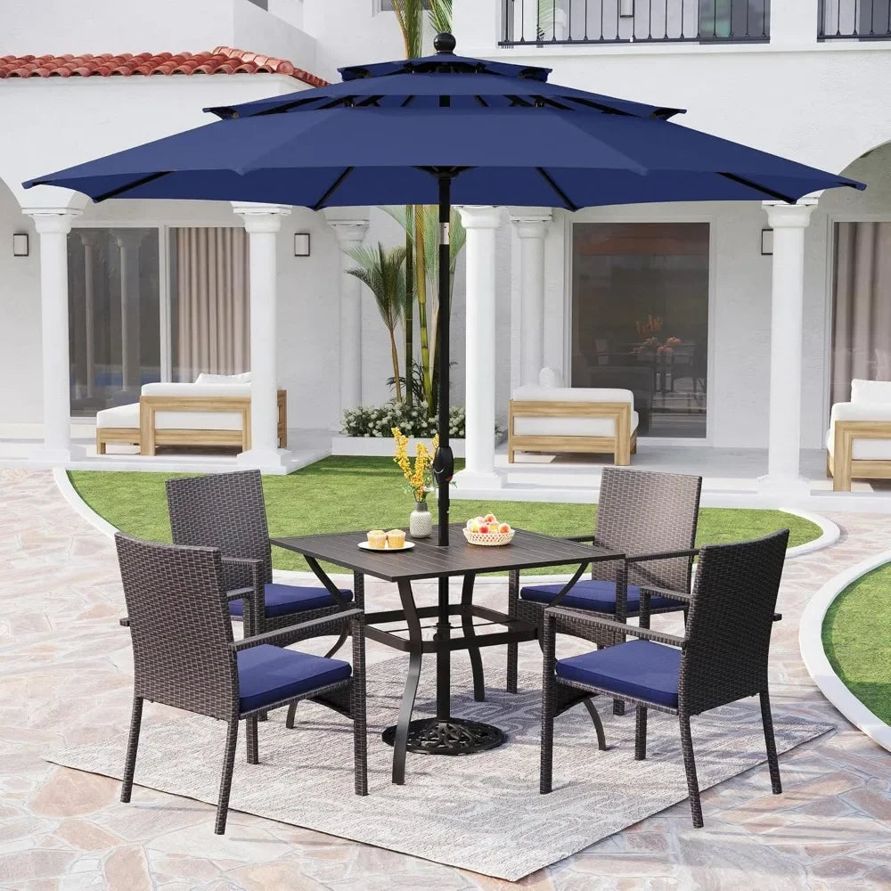 Outdoor Metal Dining Set With Umbrella And Cushioned Rattan Chairs