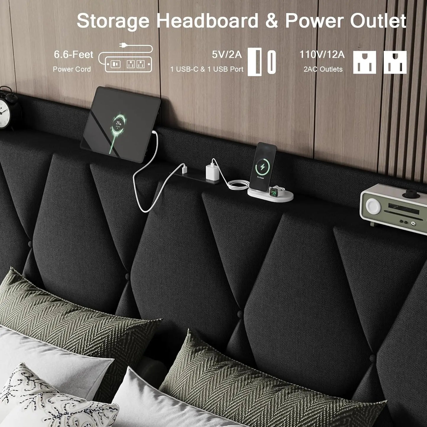 Bed Frame With Storage Drawers Charging Station Upholstered Headboard