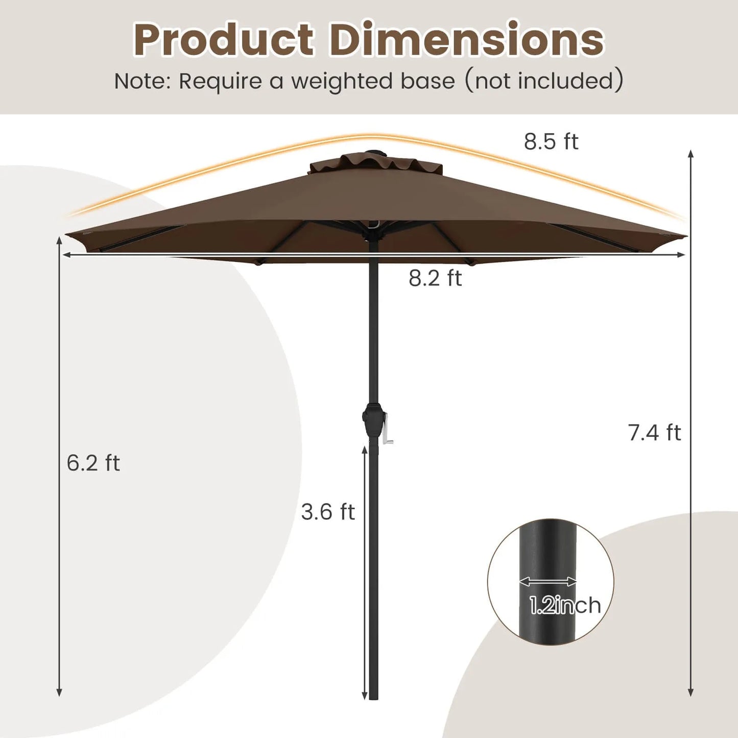 Outdoor Patio Umbrella With 8 Heavy Duty Ribs Sunproof