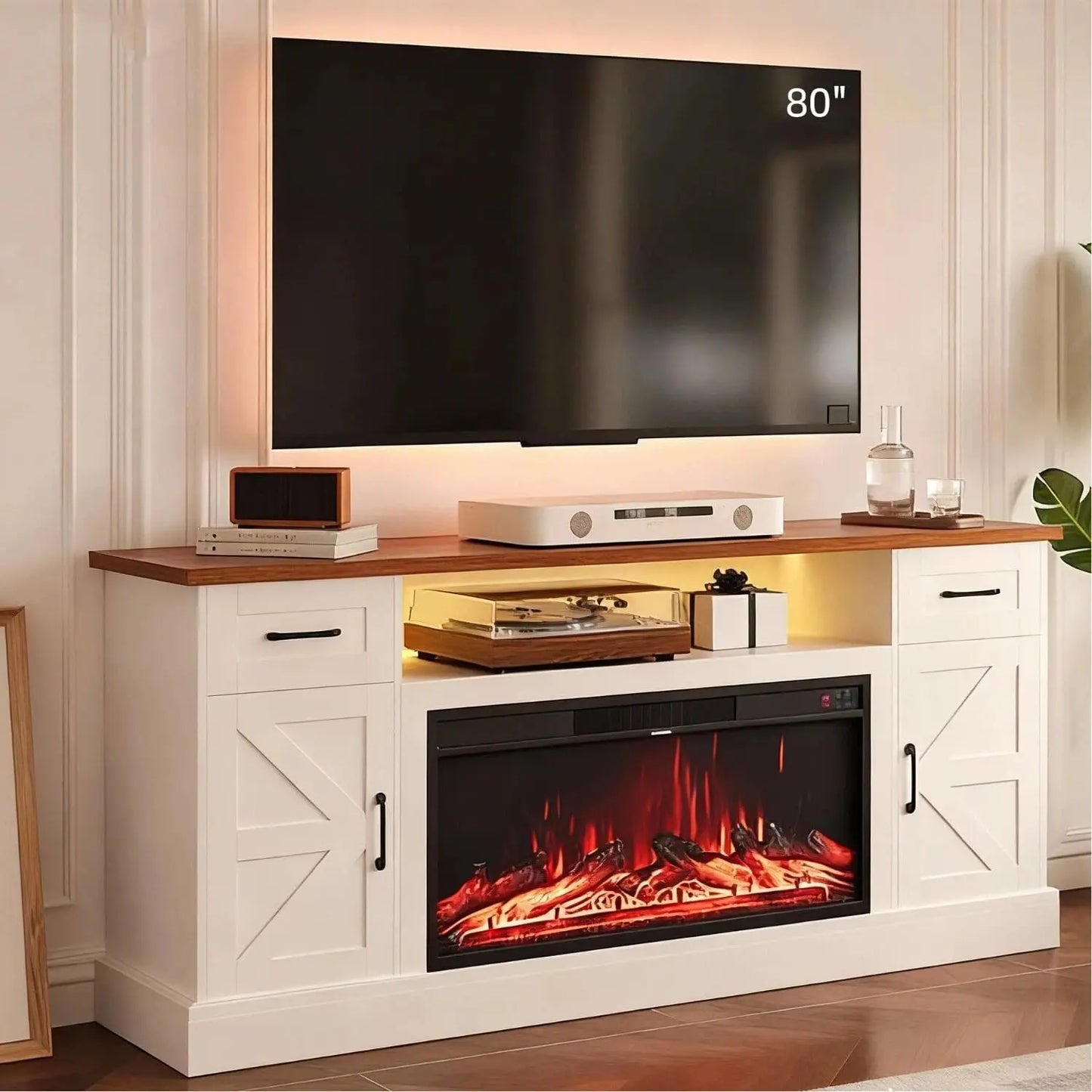 Farmhouse Style Electric Fireplace TV Stand With LED Strip