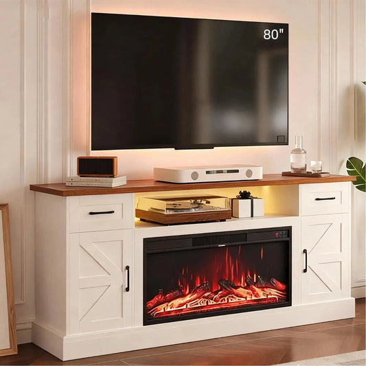 Farmhouse Style Electric Fireplace TV Stand With LED Strip