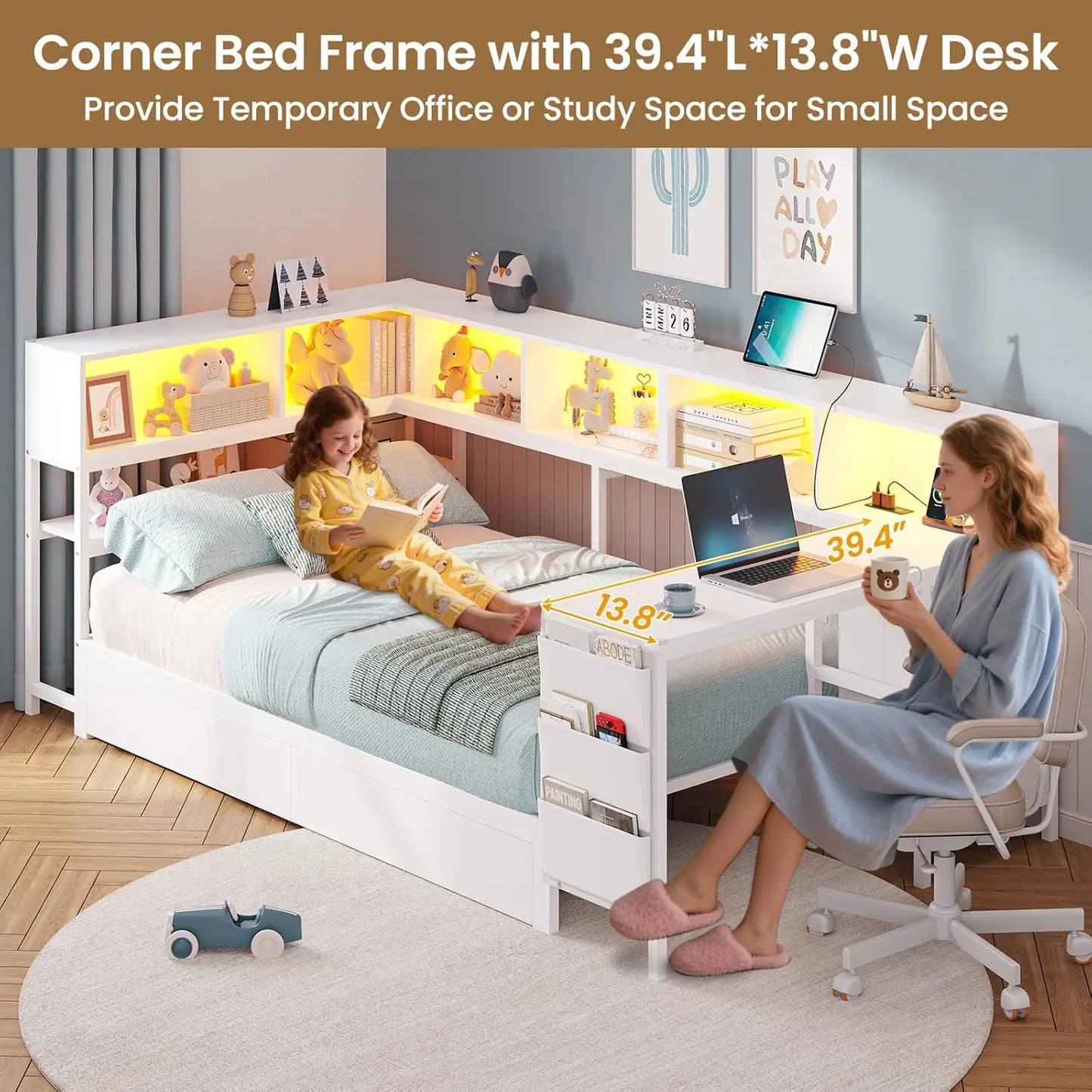 Corner Bed Frame With Desk Charging Station And Bookcase Storage