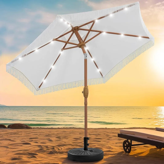 Fringe Patio Umbrella With Base And 18 LED Solar Lights
