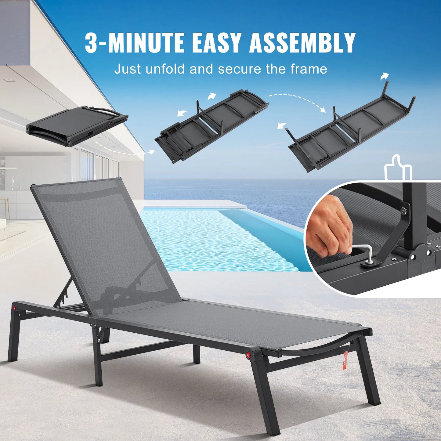 Chaise Lounge Chair Outdoor Aluminum Patio Folding Pool Recliner