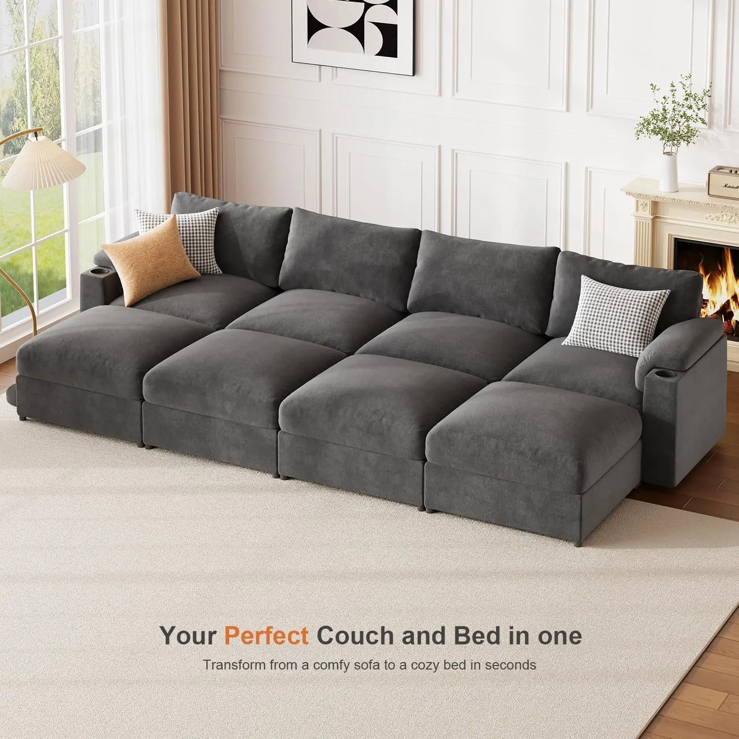 Velvet Modular Sectional Sofa U Shaped Convertible Sleeper Chaise