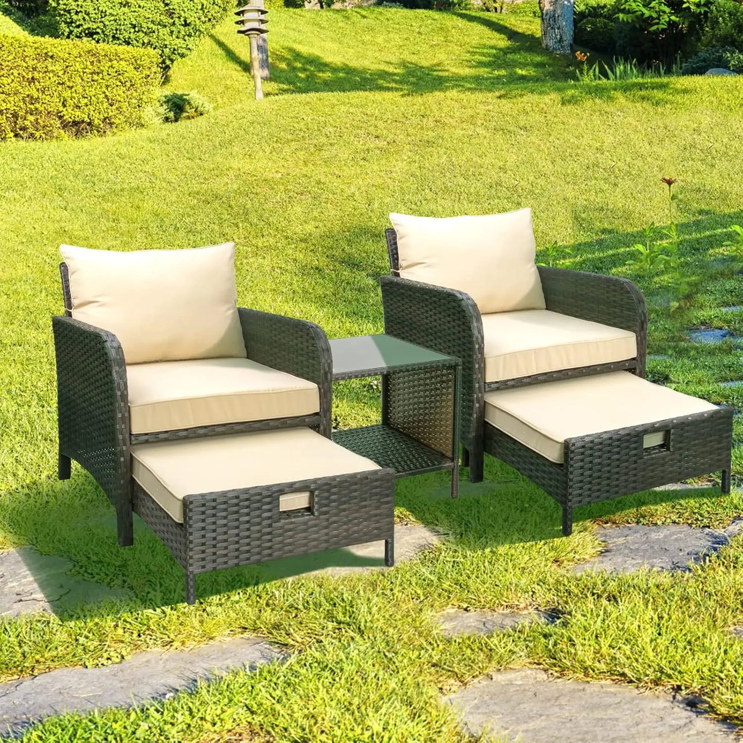 5 Piece Patio Conversation Set Rattan Wicker Outdoor Lounge Chairs