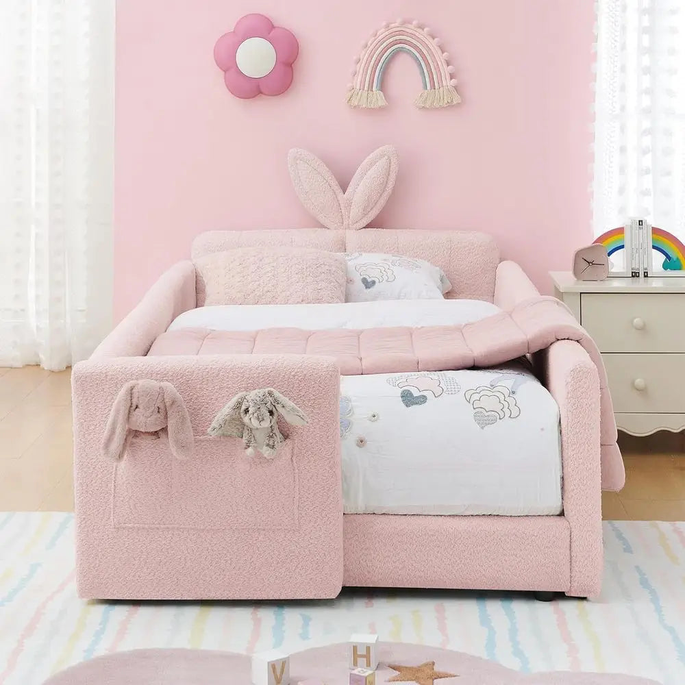 Kids Upholstered Daybed Floor Bed Safety Rails Rabbit Ear Headboard