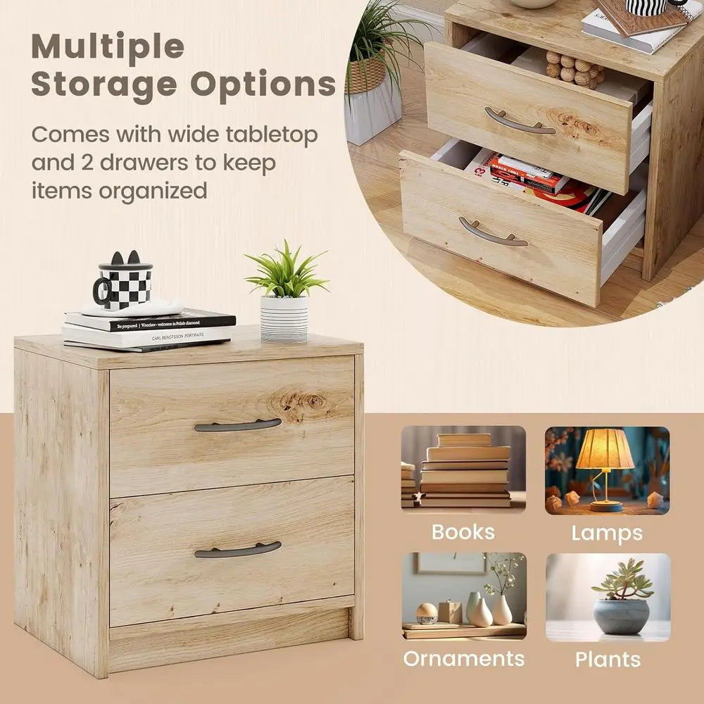 Oak Wood Two Drawer Nightstand With Storage For Small Spaces