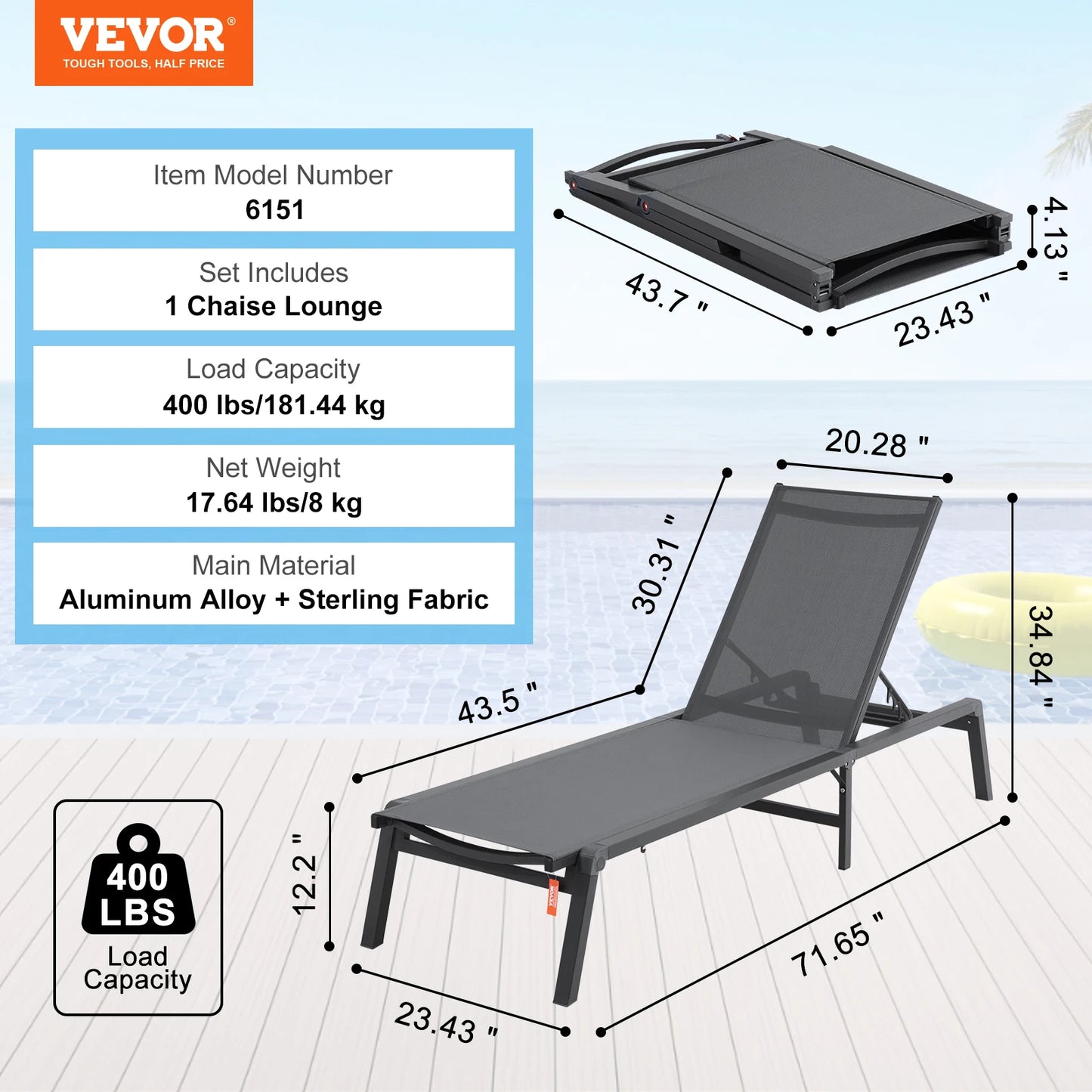 Chaise Lounge Chair Outdoor Aluminum Patio Folding Pool Recliner