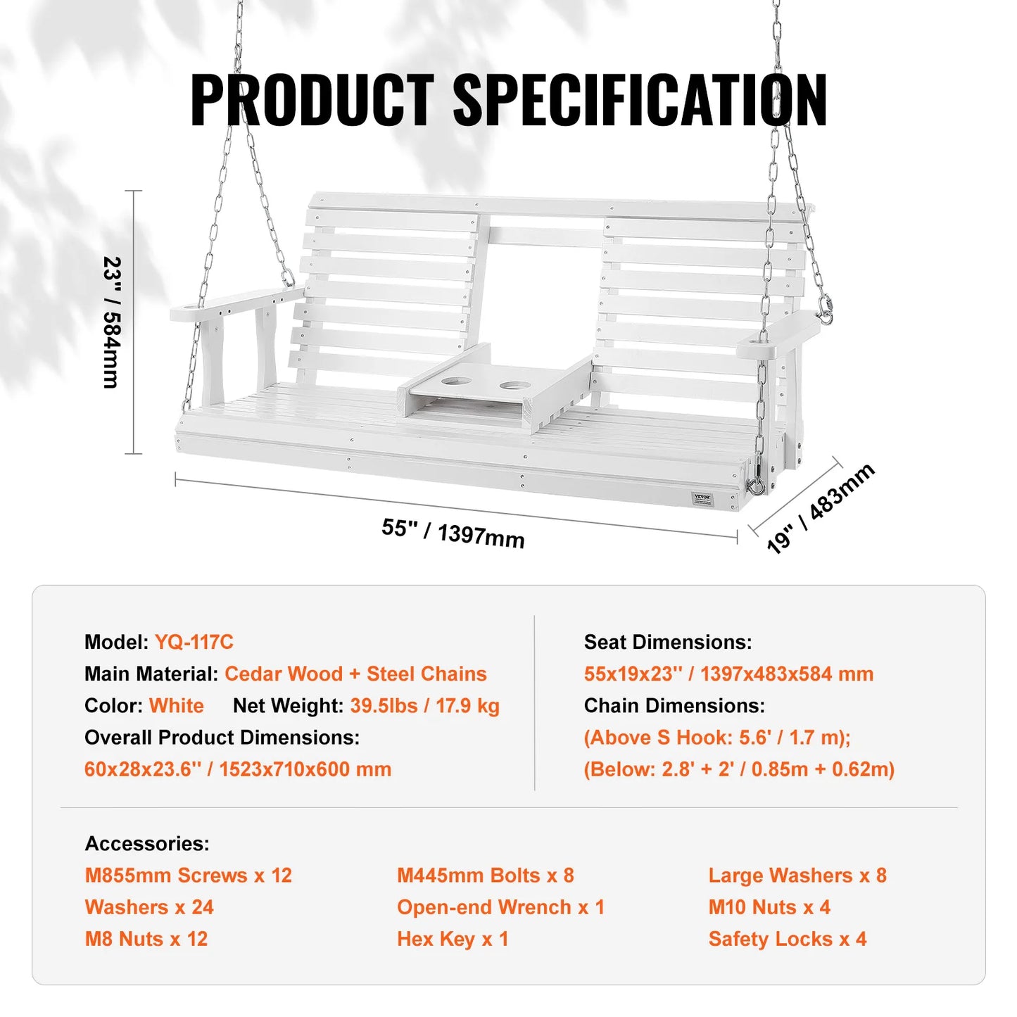 SucceBuy Cedar Wood Porch Swing With Steel Chains For Outdoor Patio