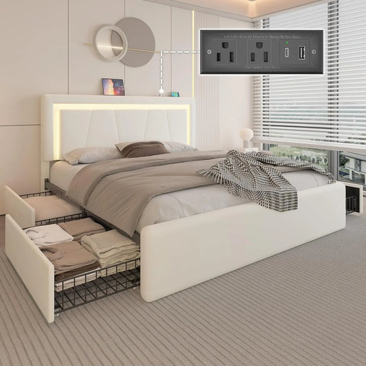 Bed Frame With Storage Drawers LED Headboard Charging Station