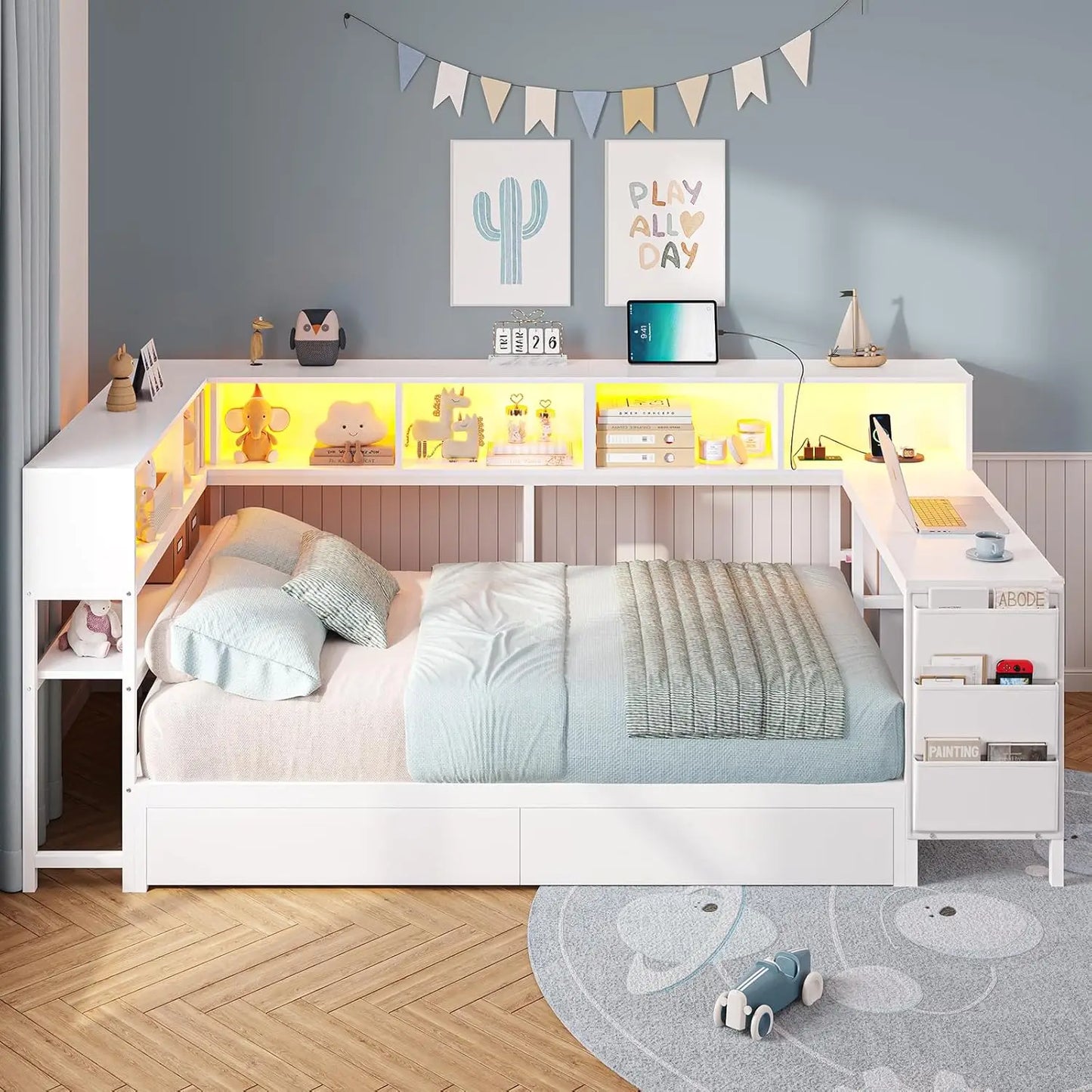 Corner Bed Frame With Desk Charging Station And Bookcase Storage