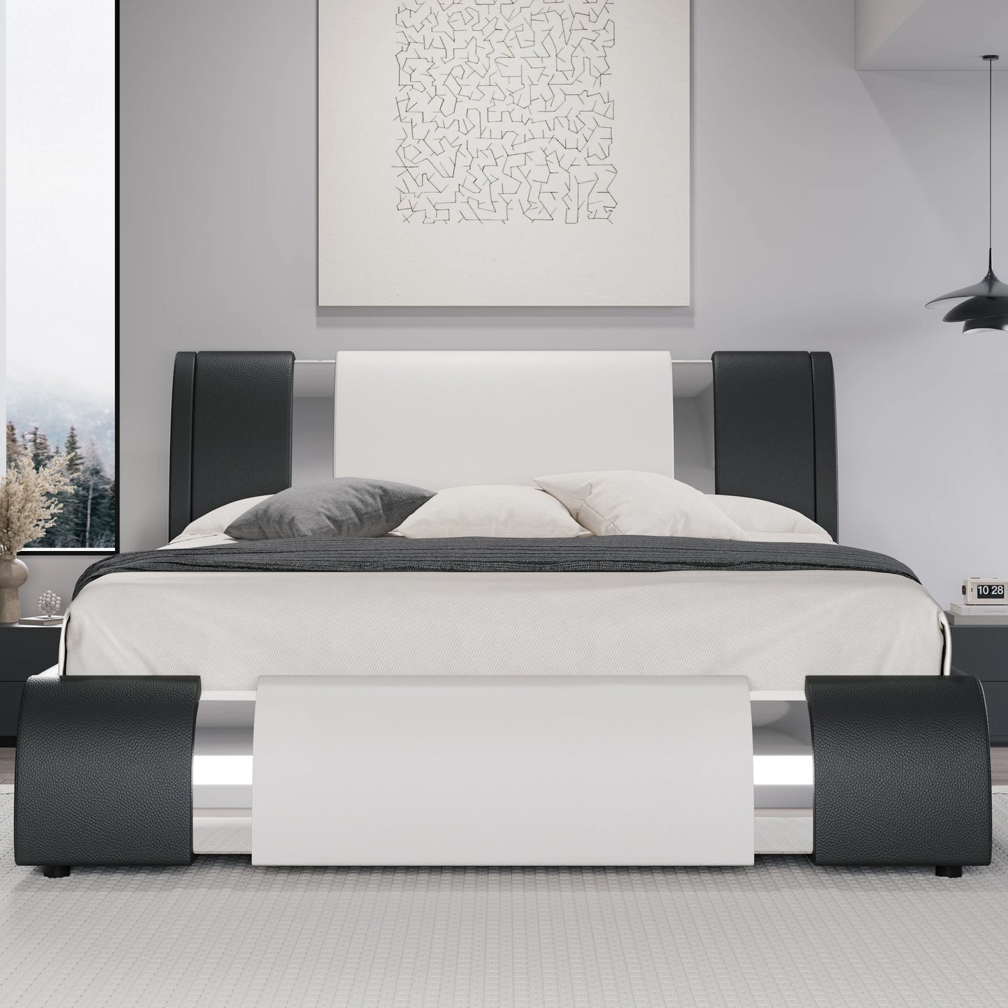 HOOMIC Modern Faux Leather Bed Frame With Iron Decor