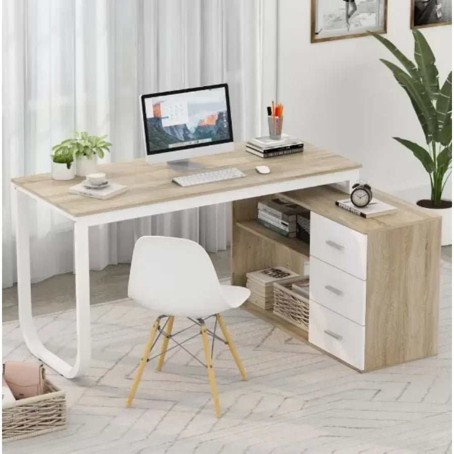 L-Shaped Oak and White Wood Computer Desk With 3 Drawers