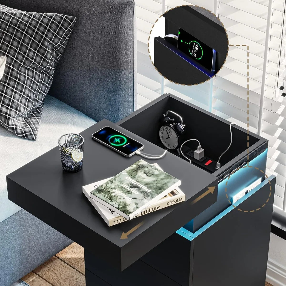 Nightstand With Wireless Charging And LED Lights Sliding Drawer Bedside Table