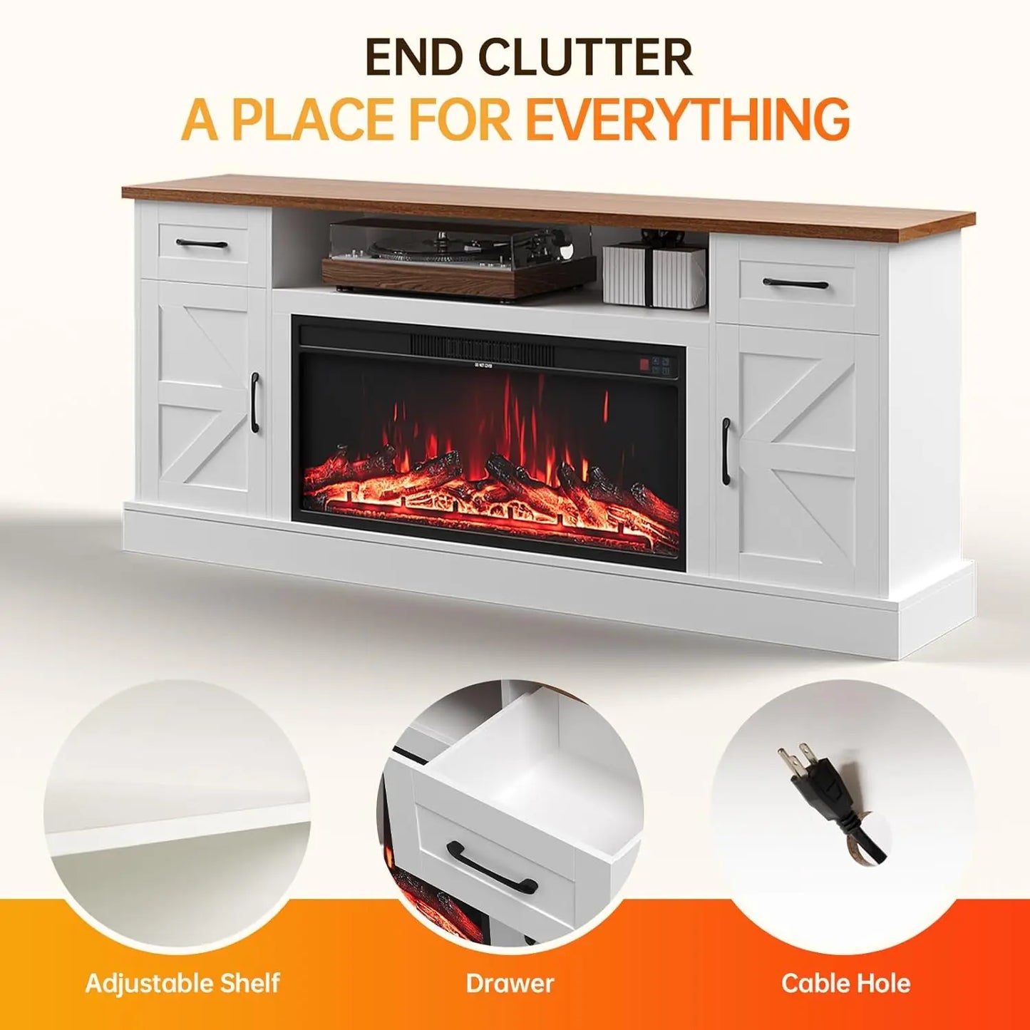 Farmhouse Style Electric Fireplace TV Stand With LED Strip