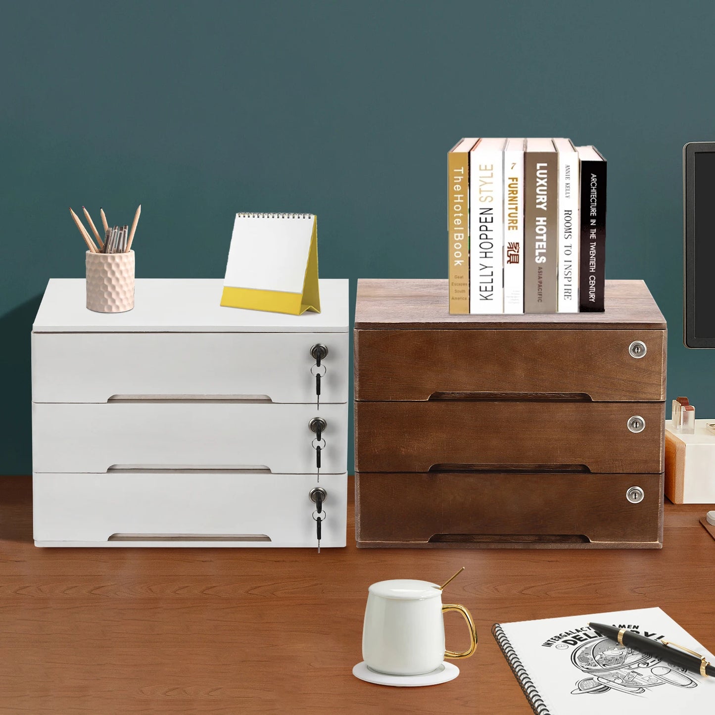 Wooden Desktop Storage Box With Lockable Drawers Office Organizer Cabinet