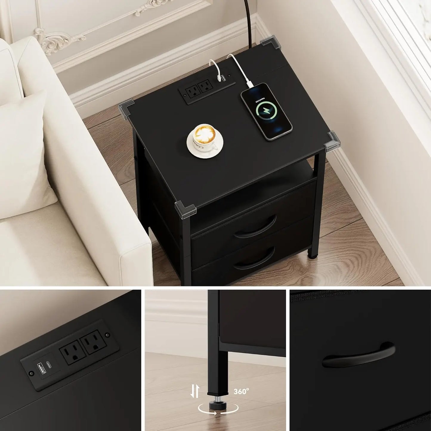 Two Piece Nightstand Set With LED Lights And Charging Station
