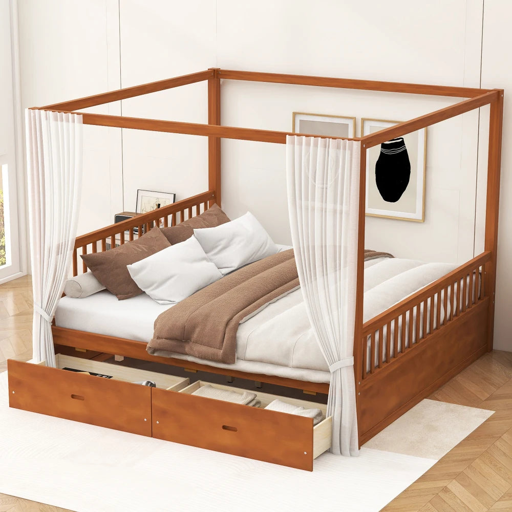 Wooden Canopy Bed With Builtin Storage Drawers For Bedroom