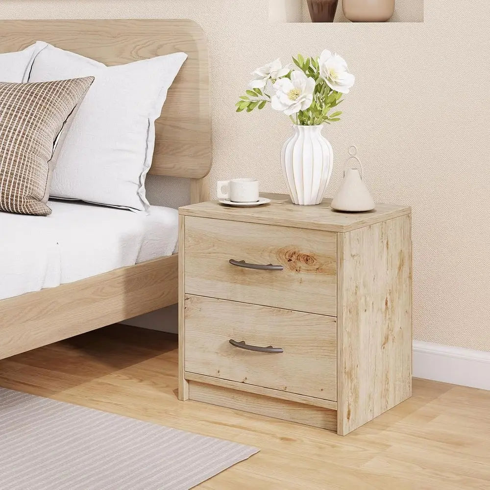 Oak Wood Two Drawer Nightstand With Storage For Small Spaces
