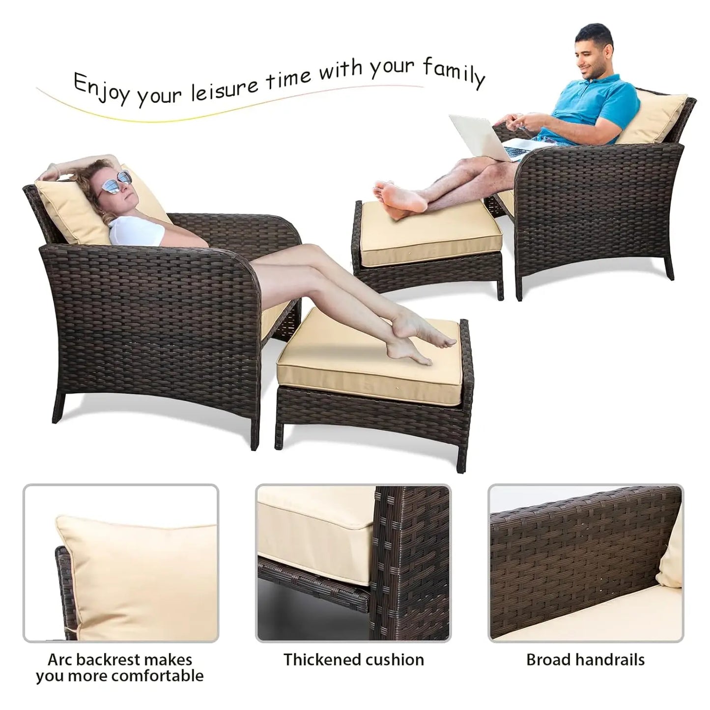 5 Piece Patio Conversation Set Rattan Wicker Outdoor Lounge Chairs