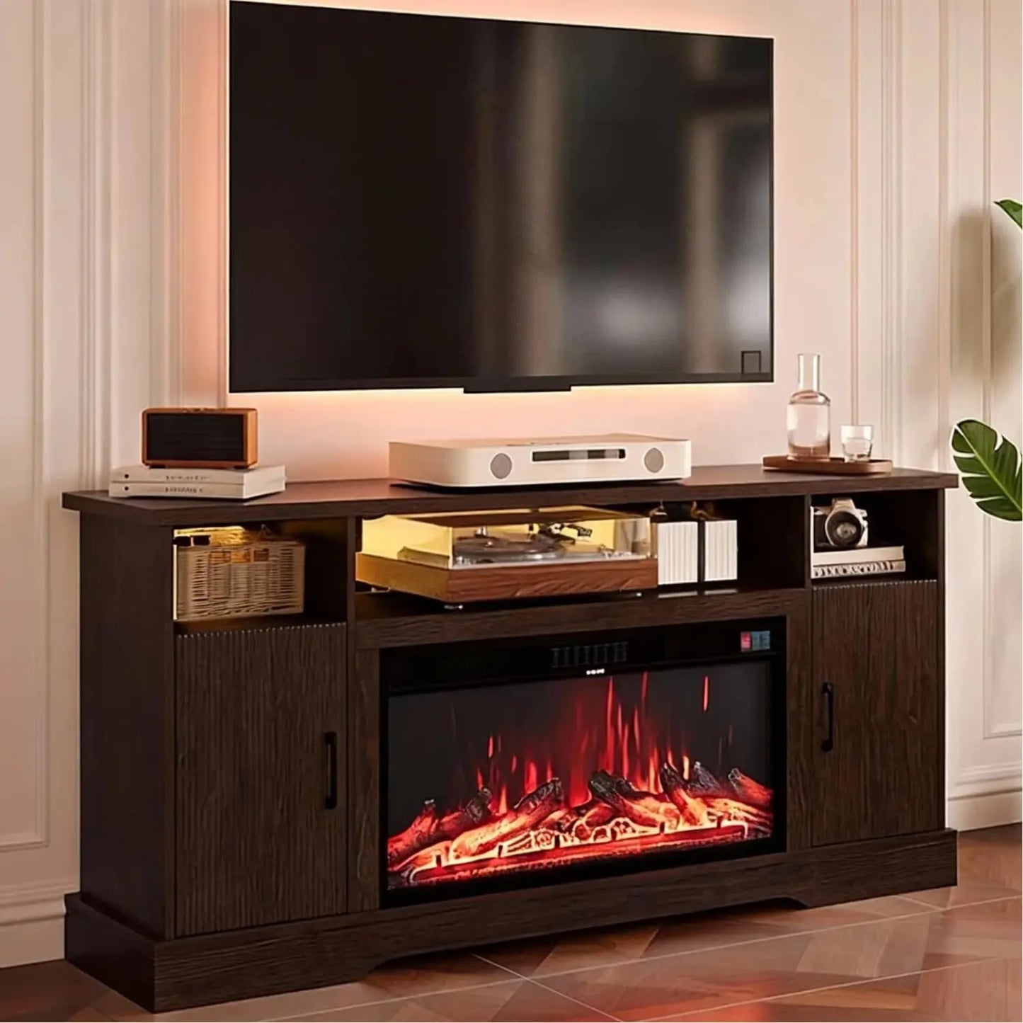 Farmhouse Style Electric Fireplace TV Stand With LED Strip