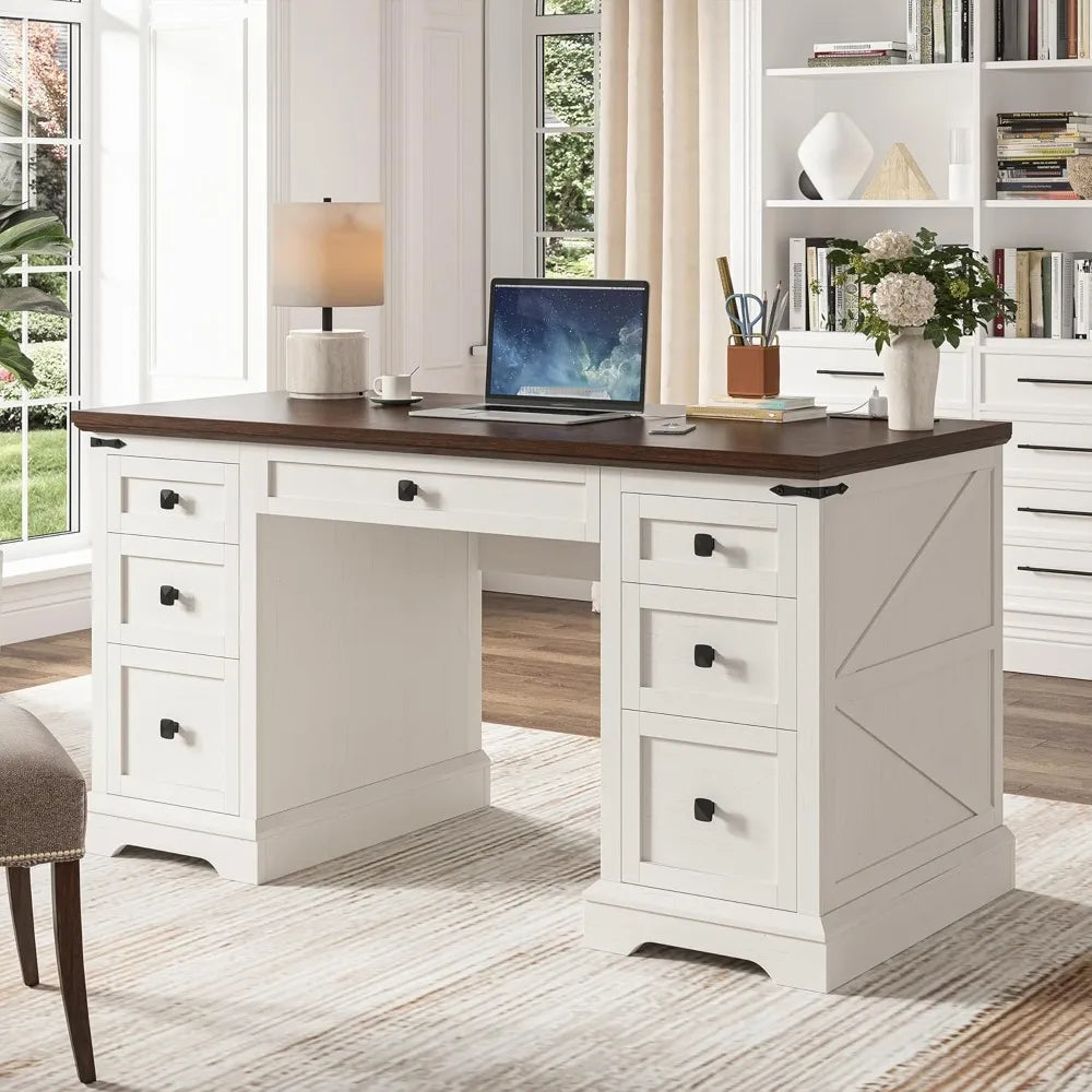 Rustic Farmhouse Executive Desk With Power Outlets And Storage