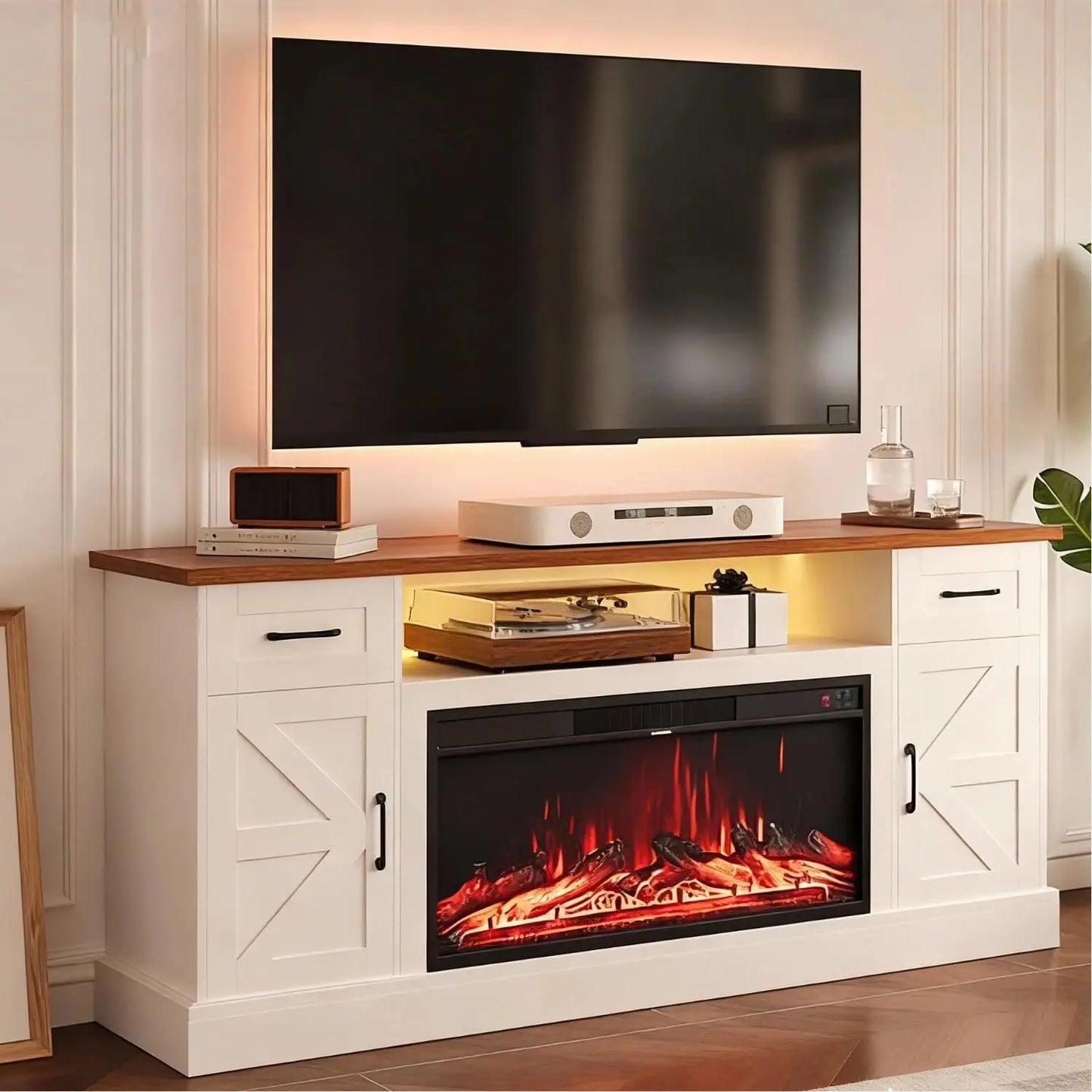 Farmhouse Style Electric Fireplace TV Stand With LED Strip