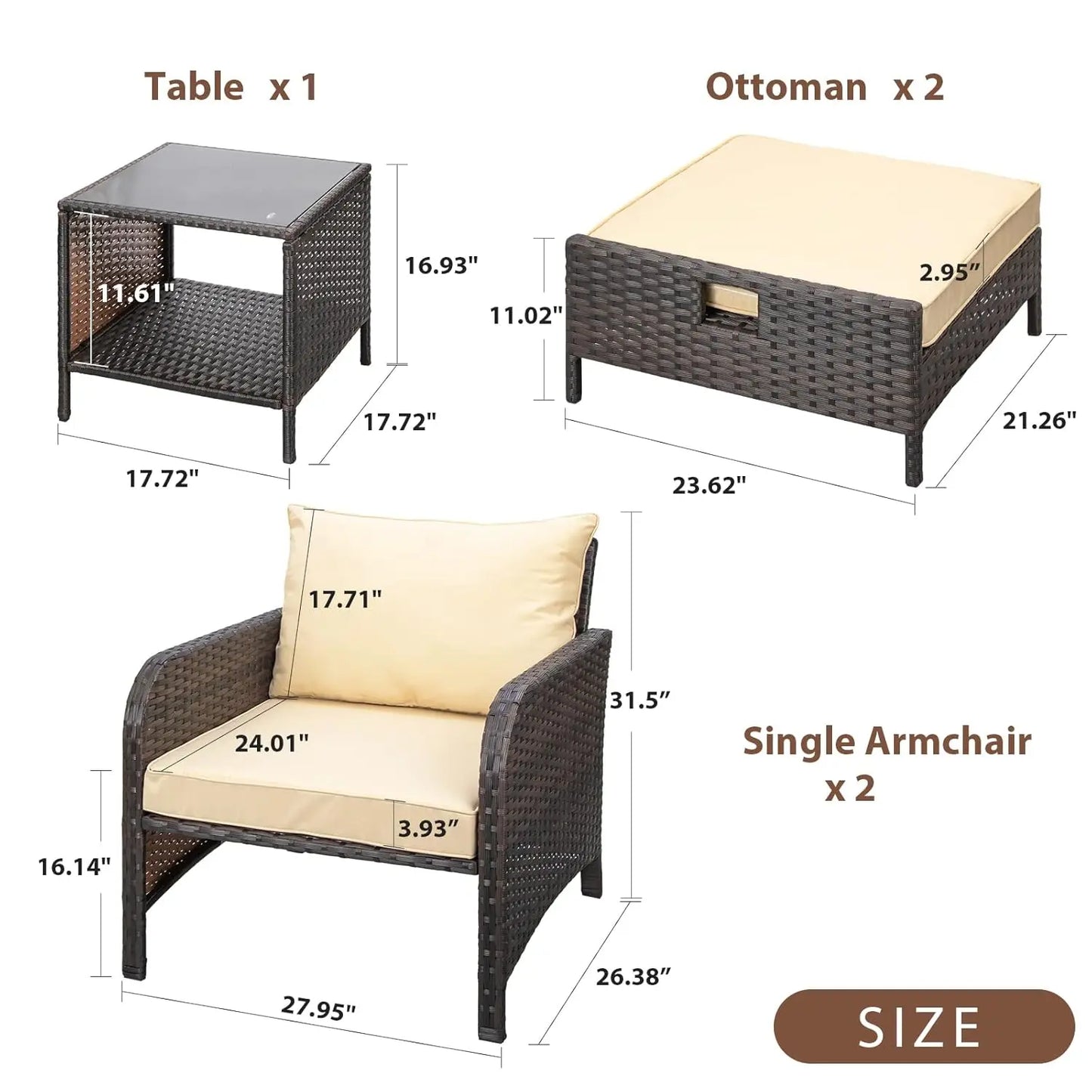 5 Piece Patio Conversation Set Rattan Wicker Outdoor Lounge Chairs