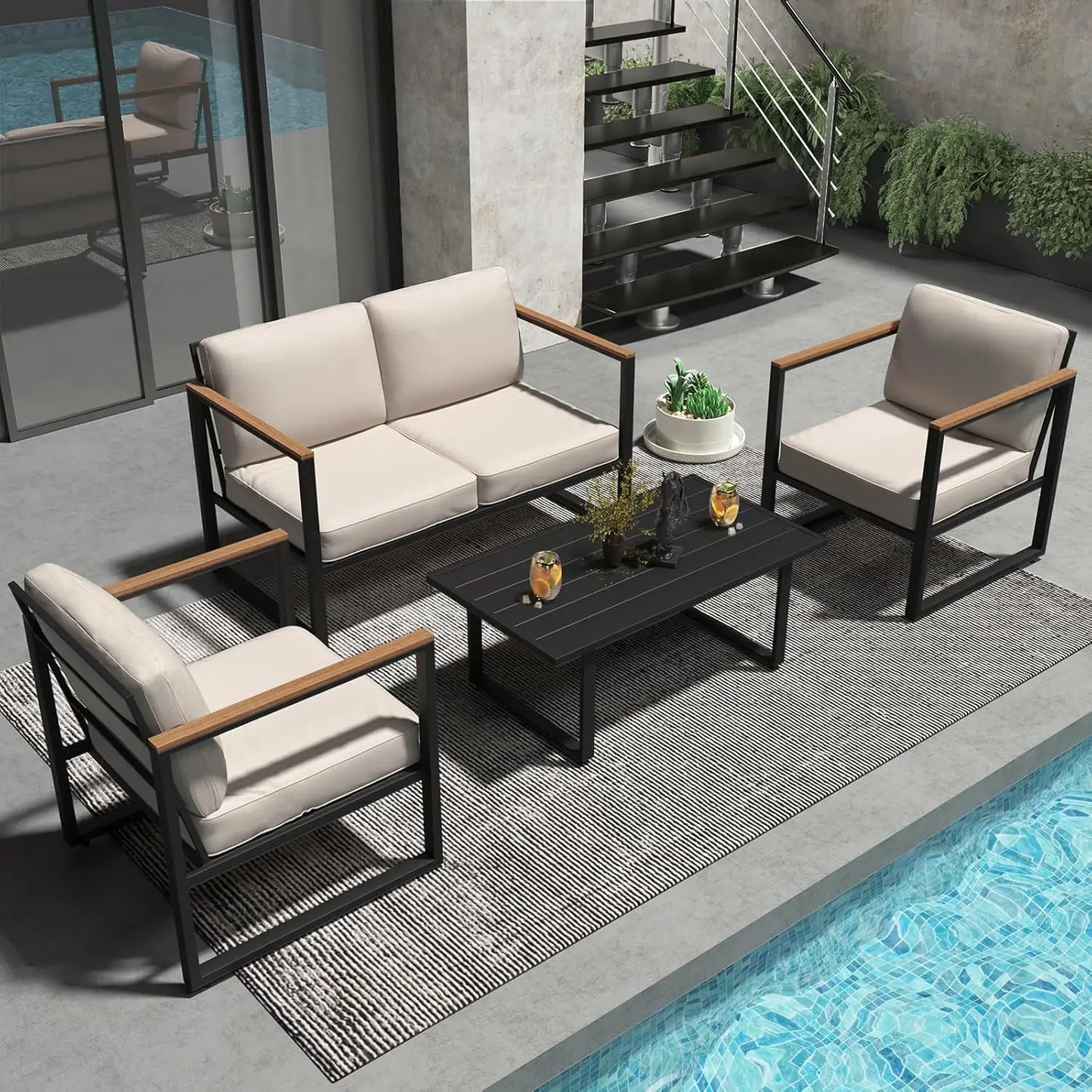 HiMISS Outdoor Patio Set With Metal Frame Sofa And Washable Cushions
