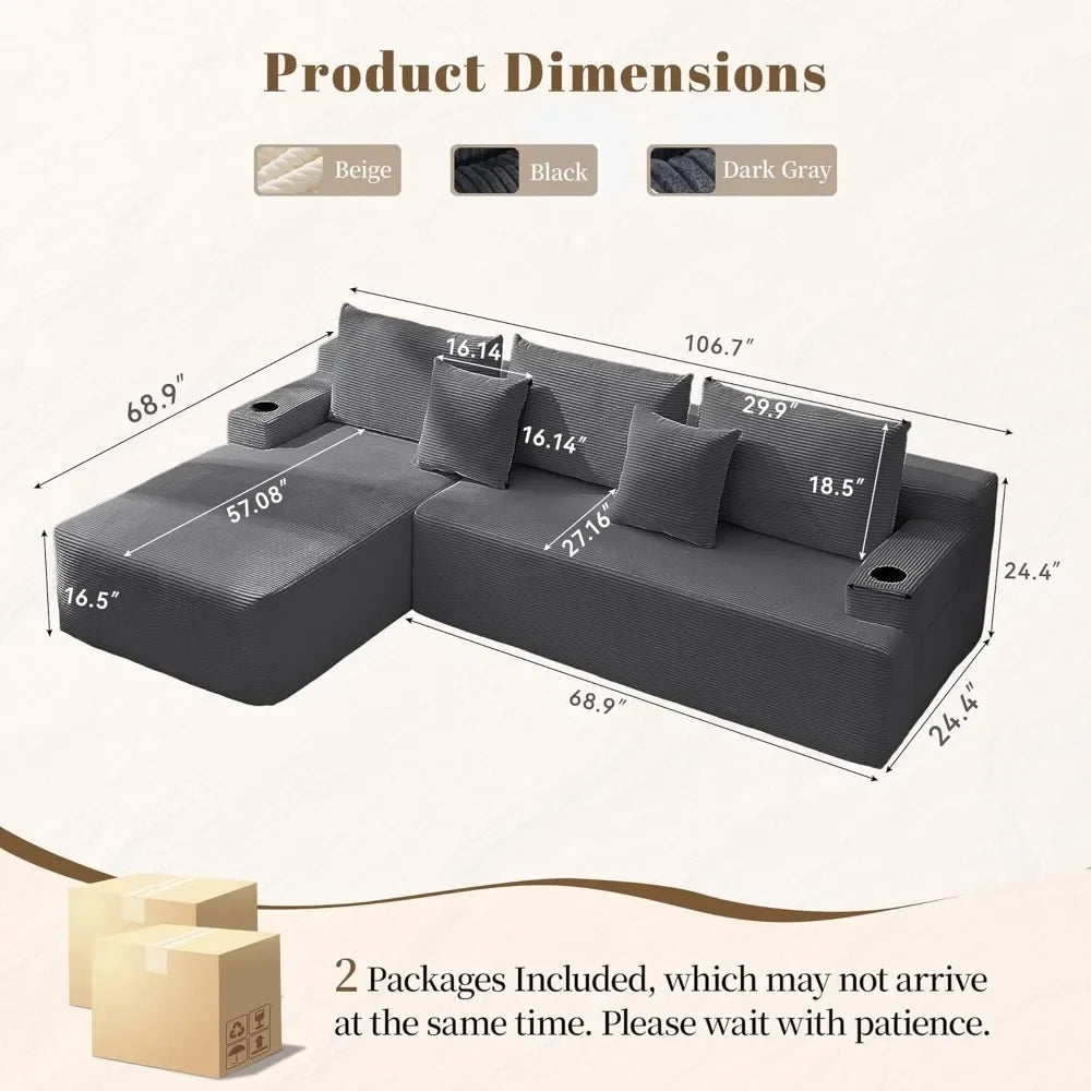 Cloud Sectional Couch Corduroy L-Shape Chaise Modular Sofa
