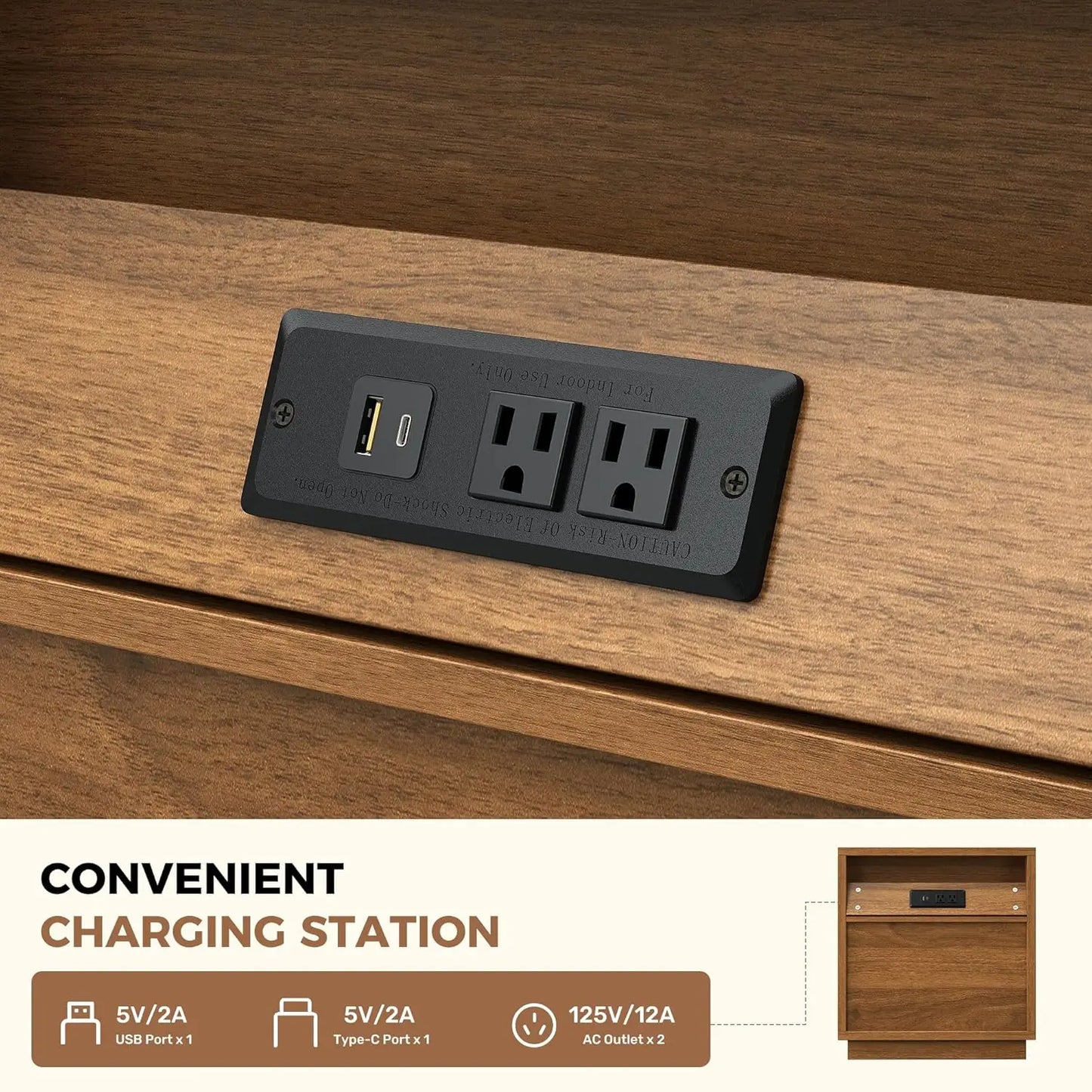 HUANZHUANG Fluted Nightstand With Charging Station Modern Bedside Table