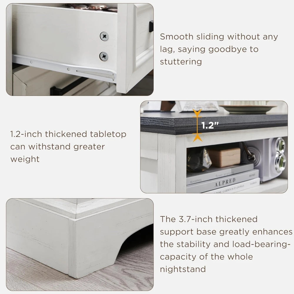 Farmhouse Nightstand With Charging Station And 2 Drawers