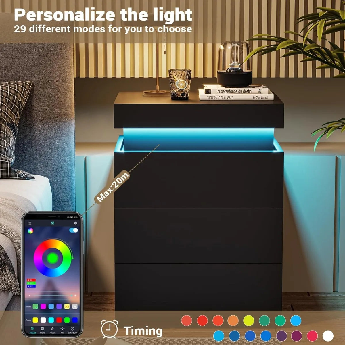 Nightstand With Wireless Charging And LED Lights Sliding Drawer Bedside Table