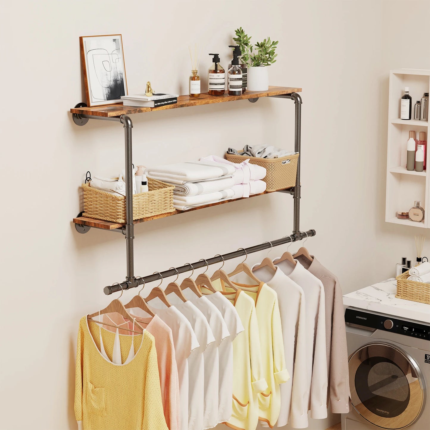 Industrial Pipe Wall Mounted Clothing Rack With Wood Shelves