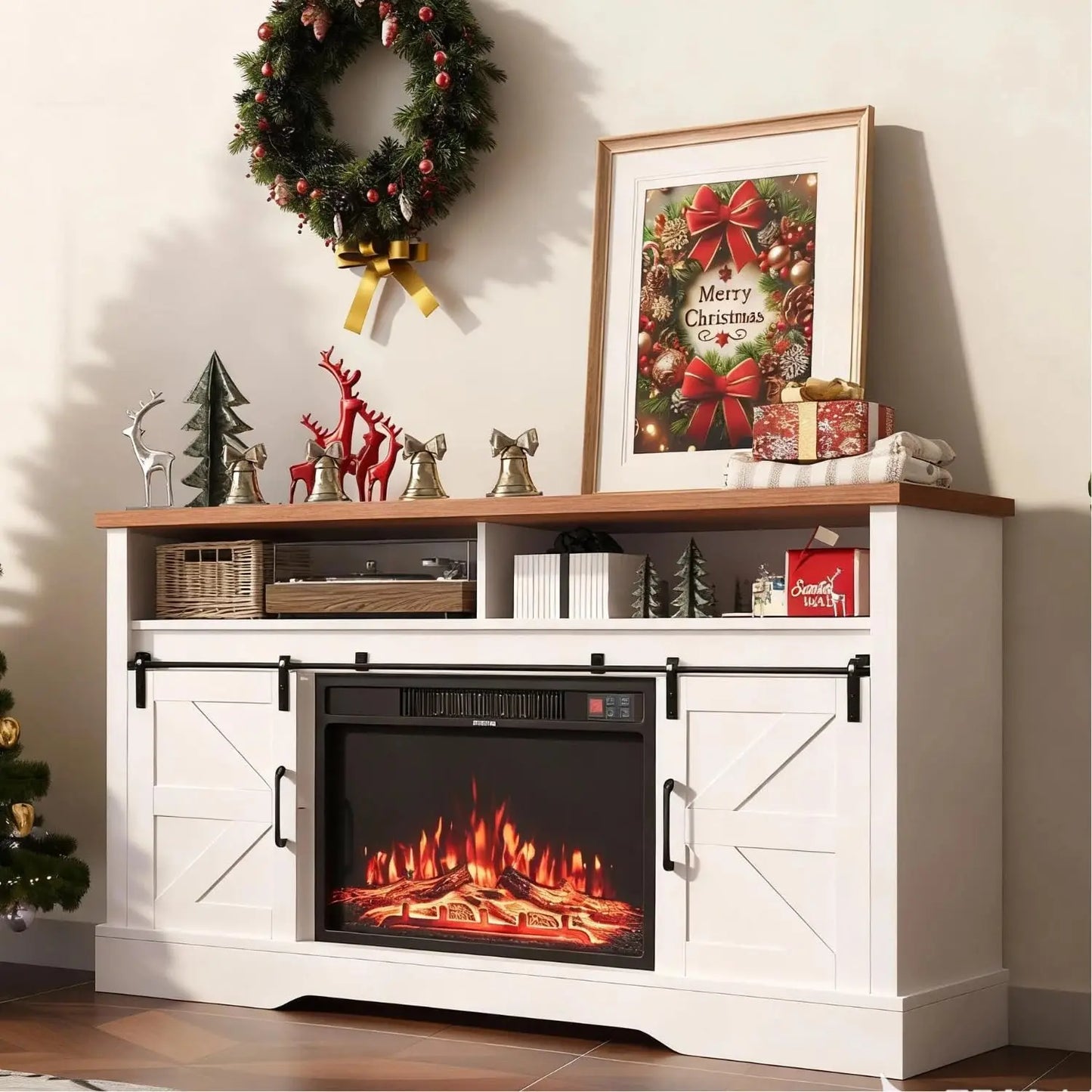Farmhouse Style Electric Fireplace TV Stand With LED Strip