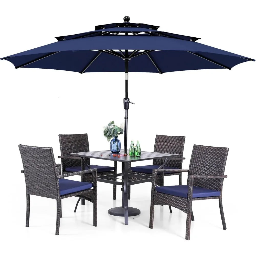 Outdoor Metal Dining Set With Umbrella And Cushioned Rattan Chairs