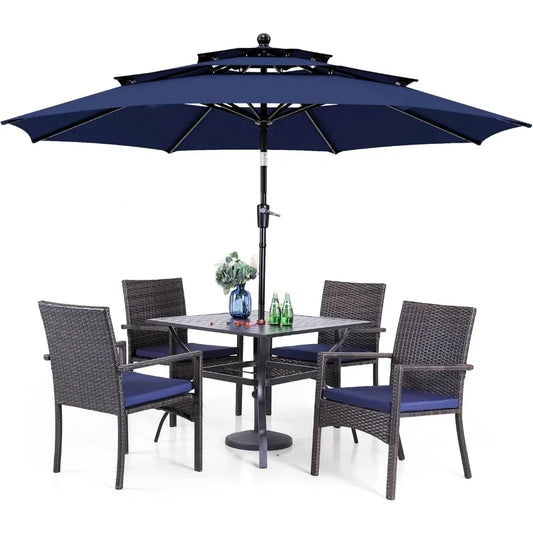 Outdoor Metal Dining Set With Umbrella And Cushioned Rattan Chairs