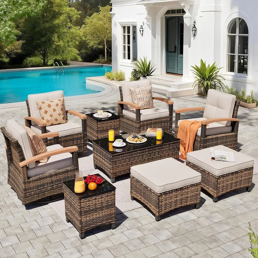 9 Piece Outdoor Patio Furniture Set With Wicker Conversation Chairs